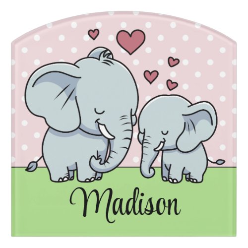 Mom And Baby Elephants Personalized Green Pink Door Sign