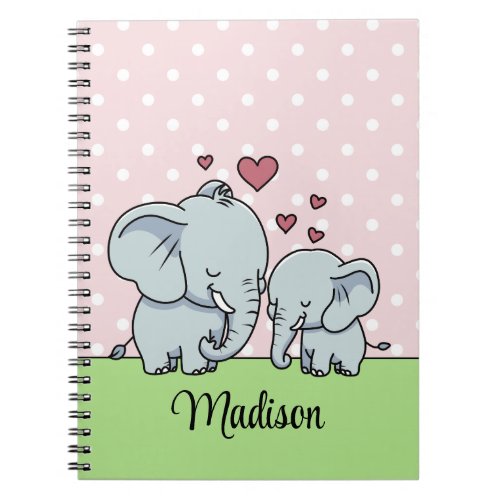 Mom And Baby Elephants Personalized Green Pink Notebook