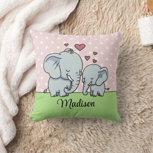 Mom And Baby Elephants Personalized Green Pink Throw Pillow