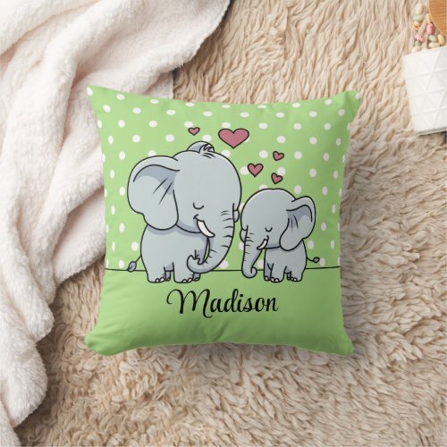 Mom And Baby Elephants Personalized Green  Throw Pillow