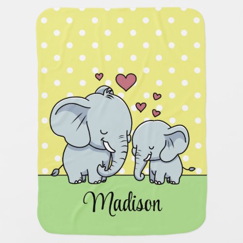 Mom And Baby Elephants Personalized Green Yellow Baby Blanket