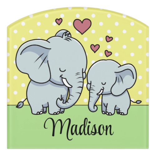 Mom And Baby Elephants Personalized Green Yellow  Door Sign