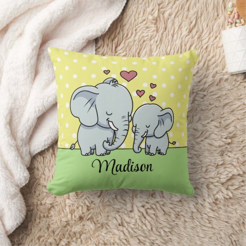 Mom And Baby Elephants Personalized Green Yellow Throw Pillow