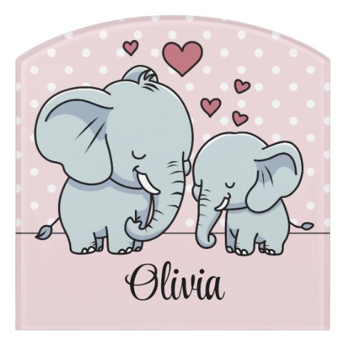 Mom And Baby Elephants Personalized Pink Door Sign