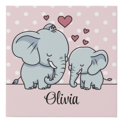 Mom And Baby Elephants Personalized Pink Faux Canvas Print