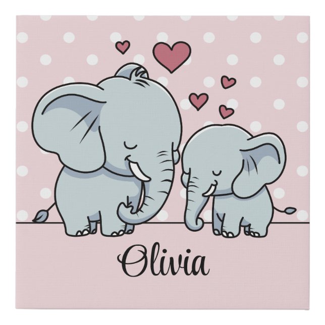 Mom And Baby Elephants Personalized Pink Faux Canvas Print (Front)