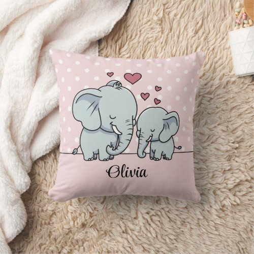 Mom And Baby Elephants Personalized Pink Throw Pillow