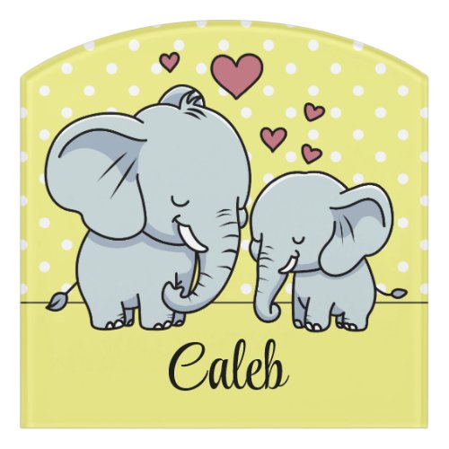 Mom And Baby Elephants Personalized Yellow  Door Sign