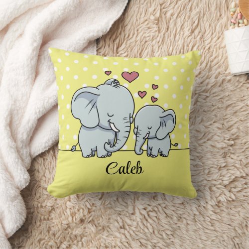 Mom And Baby Elephants Personalized Yellow  Throw Pillow