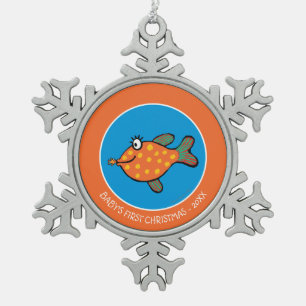Mom and Baby Fish Kisses Snowflake Pewter Christmas Ornament