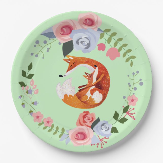 Mom And Baby Fox Baby Shower Paper Plates (Front)