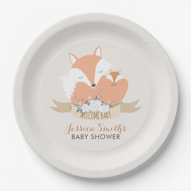 Mom and Baby Fox Baby Shower Personalized Paper Plates (Front)
