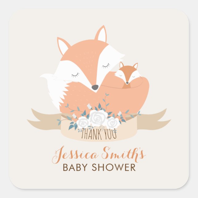 Mom and Baby Fox Baby Shower Square Sticker (Front)