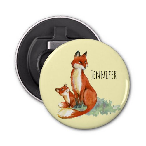 Mom and Baby Fox Cute Watercolor Illustration Bottle Opener