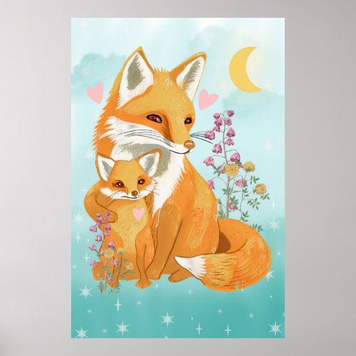 Mom and Baby Fox Poster