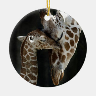 Mom and Baby Giraffe Cuddle Ceramic Ornament