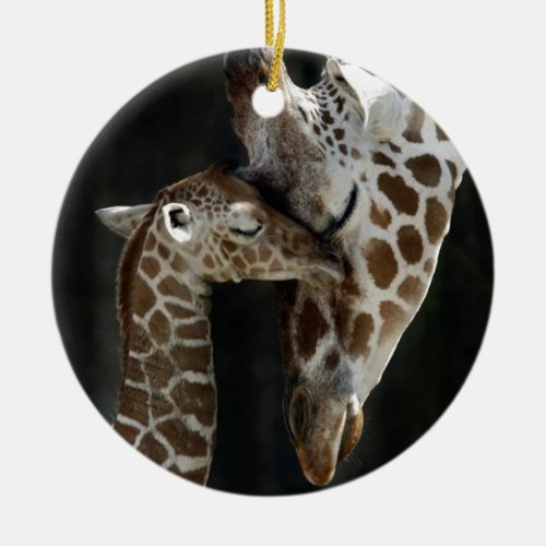 Mom and Baby Giraffe Cuddle Ceramic Ornament