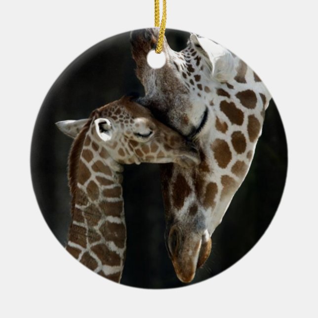 Mom and Baby Giraffe Cuddle Ceramic Ornament (Front)