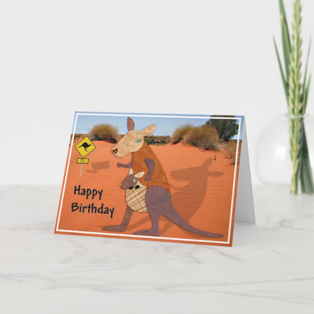 Mom and Baby Kangaroo in the Outback Birthday Card (Front)