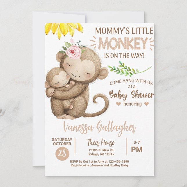 Mom and baby monkey baby shower invitation. invitation (Front)