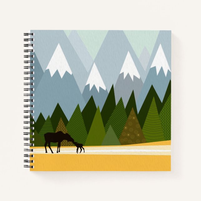 Mom and baby moose silhouette mountain tops notebook (Front)