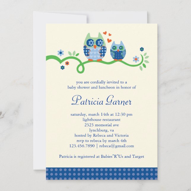 Mom and Baby Owl Baby Boy Shower Invitation (Front)