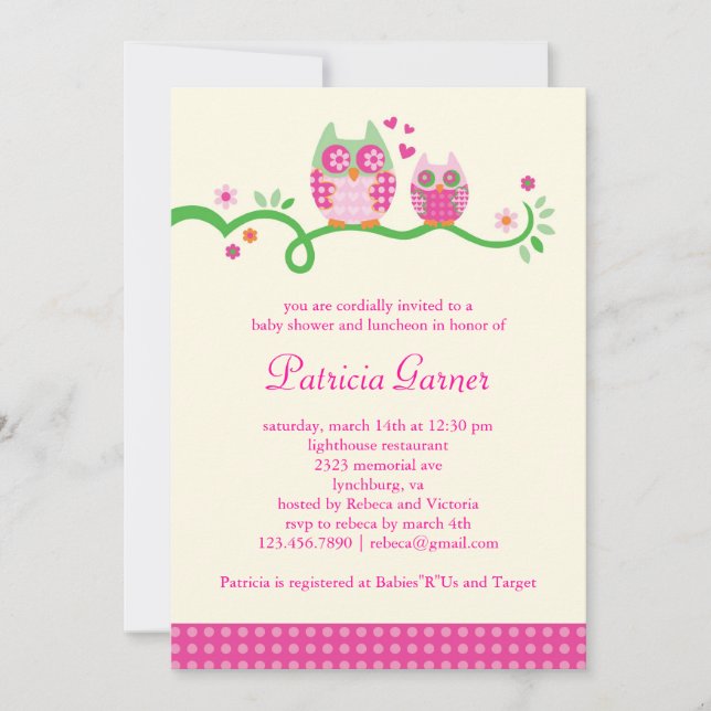 Mom and Baby Owl Baby Girl Shower Invitation (Front)
