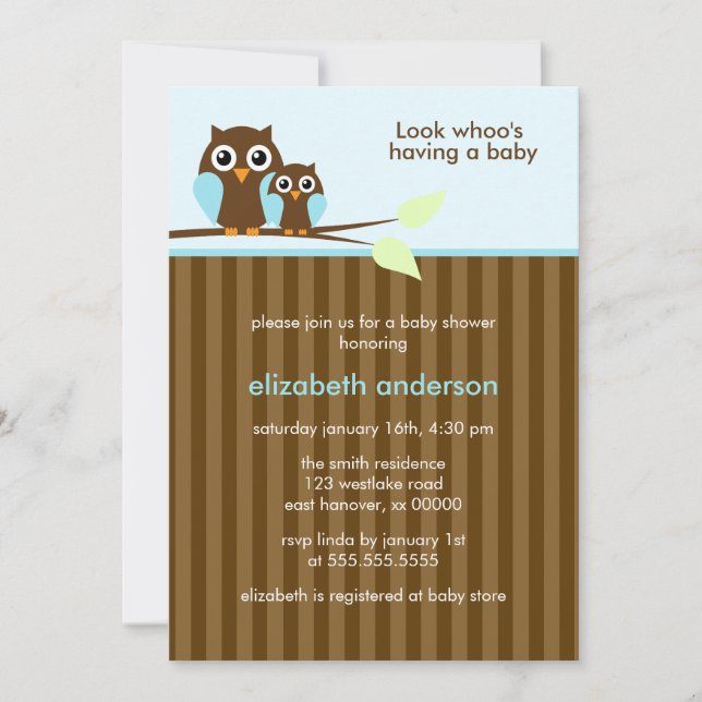 Mom and Baby Owl {blue} Baby Shower Invitation (Front)