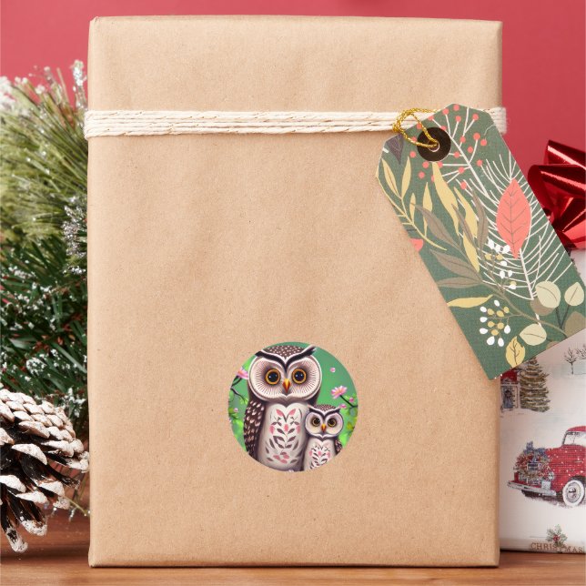 Mom and Baby Owl Classic Round Sticker (Holiday)