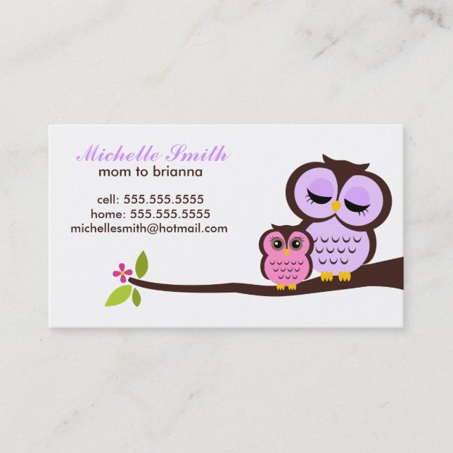 Mom and Baby Owl Kids Playdate Calling Cards (Front)