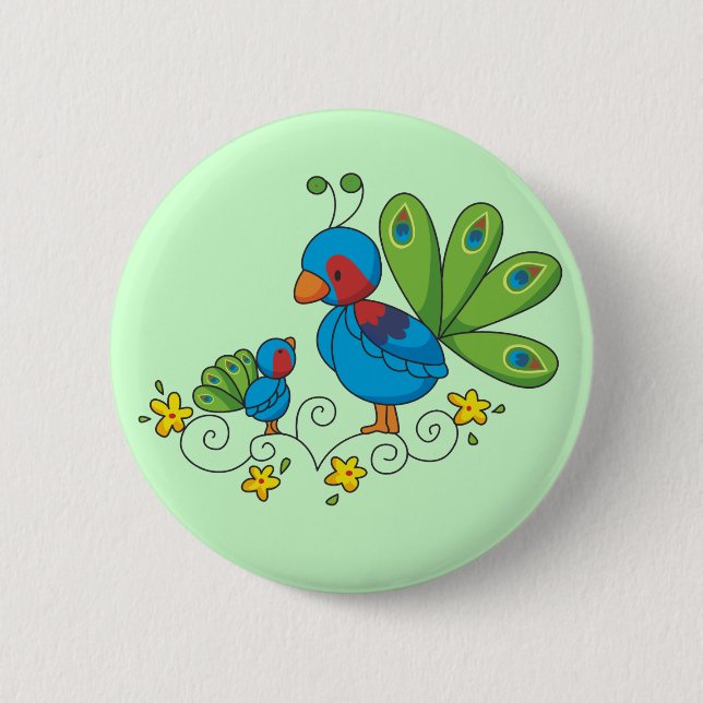 Mom and Baby Peacock Pinback Button (Front)