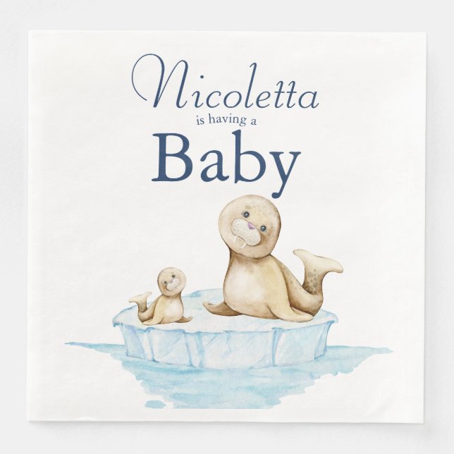 Mom and Baby Seal Pup on Ice Winter Baby Shower Paper Dinner Napkins (Front)