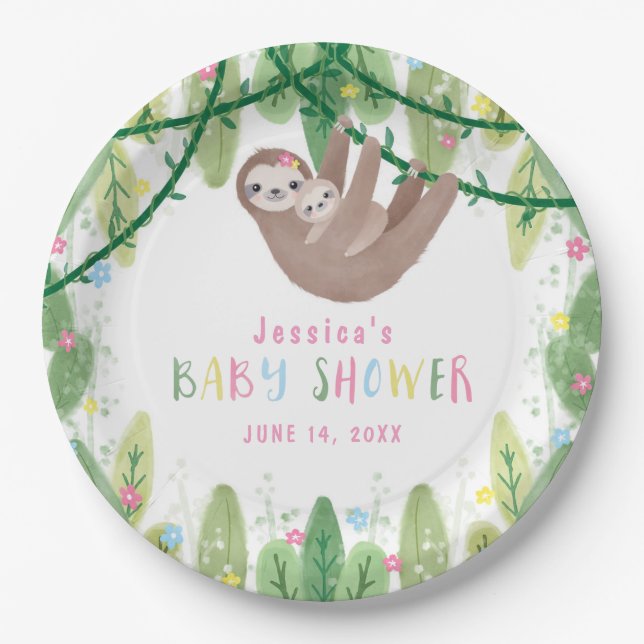 Mom and baby sloth girl baby shower paper plates (Front)