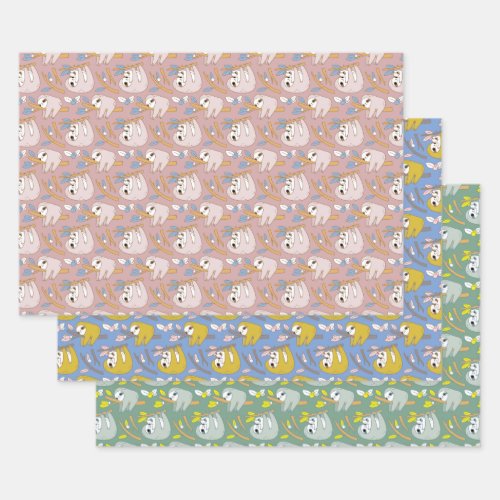 Mom and Baby Sloth Pattern set of 3 Wrapping Paper Sheets