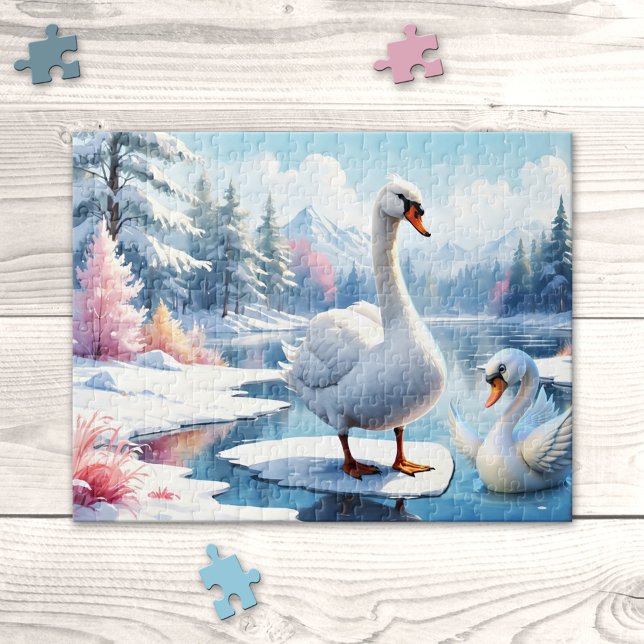 Mom and Baby Swan Winter Puzzle (Lovely puzzle featuring a mom and baby swan in a winter wonderland scene - Christmas - animals)