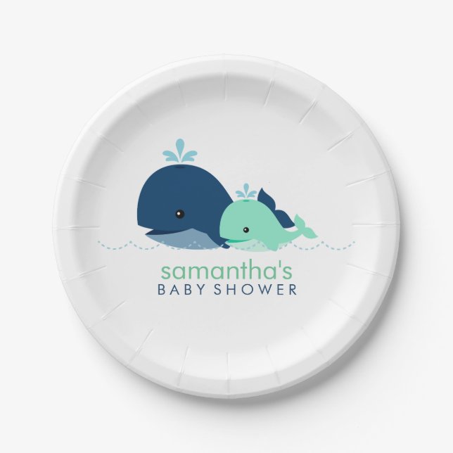 Mom and Baby Whale Baby Shower {green} Paper Plates (Front)