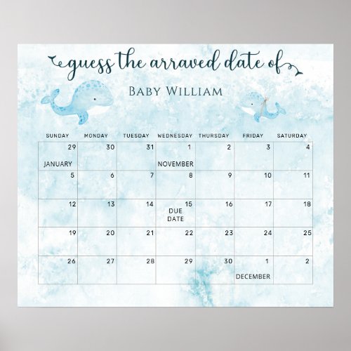 Mom and Baby Whale guess the Due Date Calendar Poster