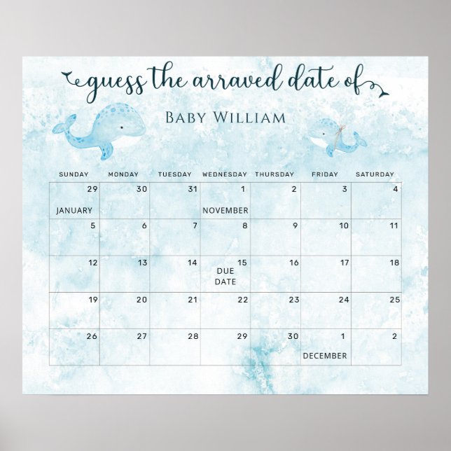 Mom and Baby Whale guess the Due Date Calendar Poster (Front)