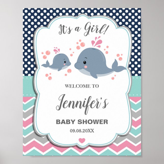 Mom and Baby Whales Baby Shower Nautical Welcome Poster (Front)