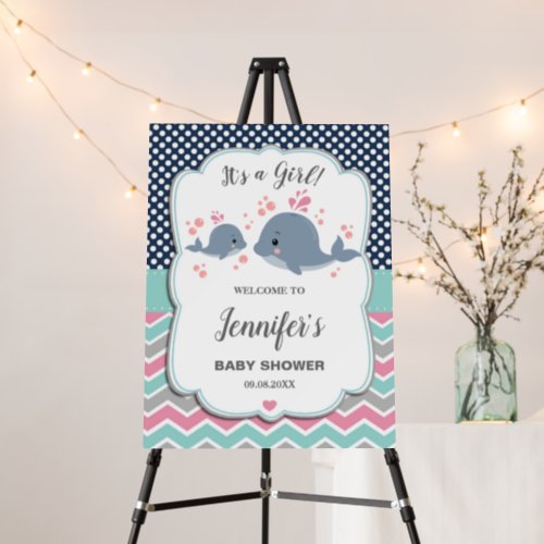 Mom and Baby Whales Baby Shower Pink Navy Welcome  Foam Board