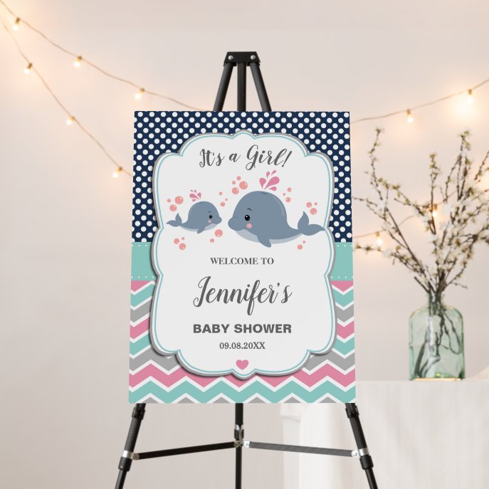 Mom and Baby Whales Baby Shower Pink Navy Welcome Foam Board