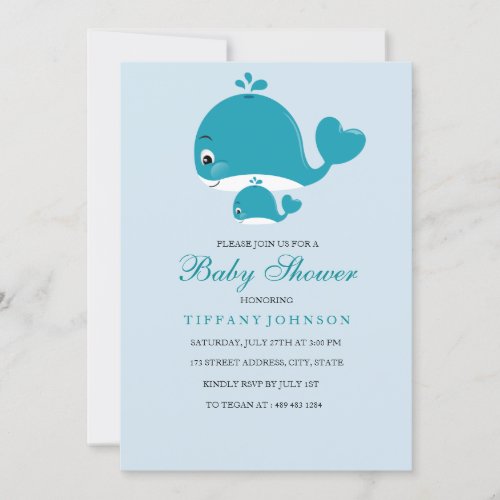 Mom and Bub baby Whale Baby boy shower invitation