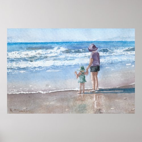 Mom and Child Seaside Waves Watercolor Poster