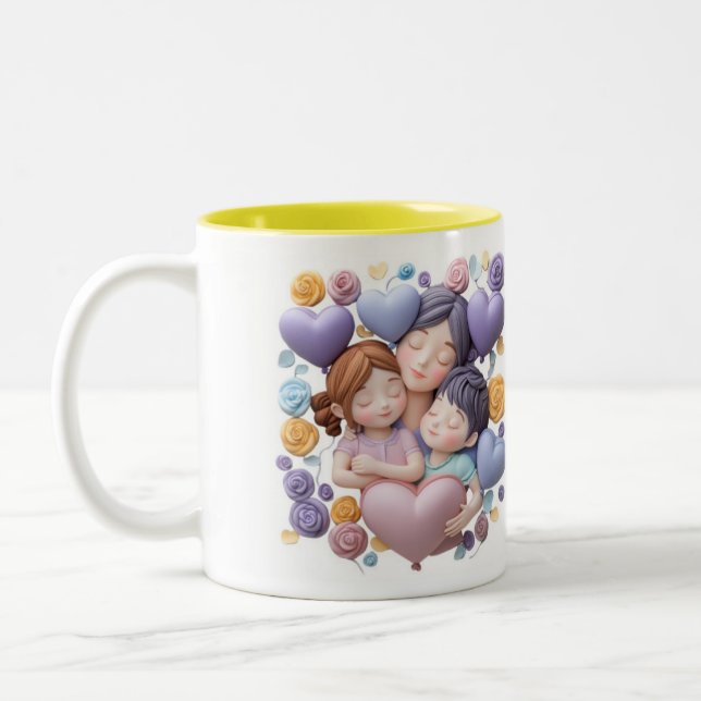 Mom and Chilren - 3D Ceramic Art Pastel Two-Tone Coffee Mug (Left)