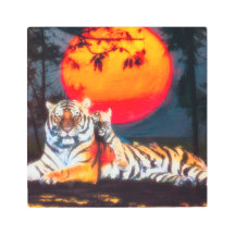 Mom and cub and red sun