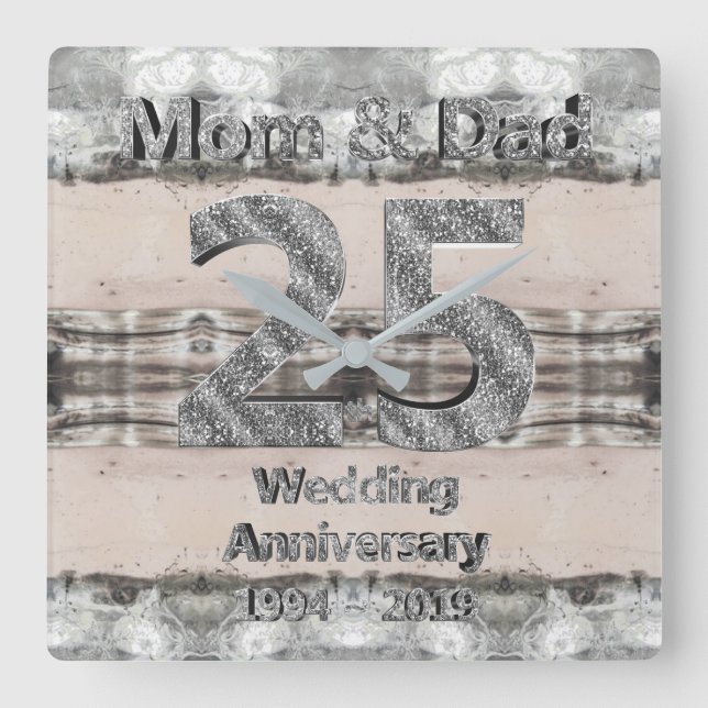 Mom and Dad 25th Silver Wedding Anniversary 2019 Square Wall Clock (Front)