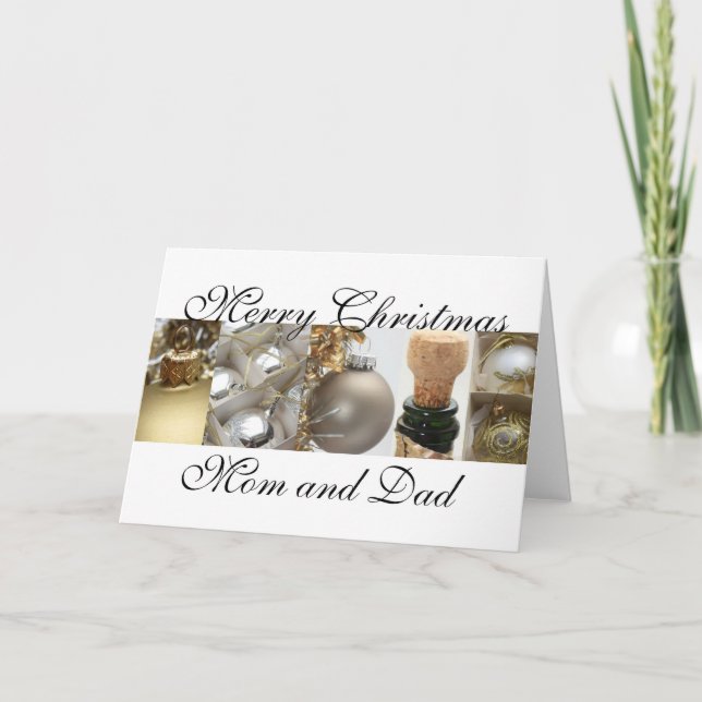Mom and Dad Christmas black & White & Gold collage Holiday Card (Front)