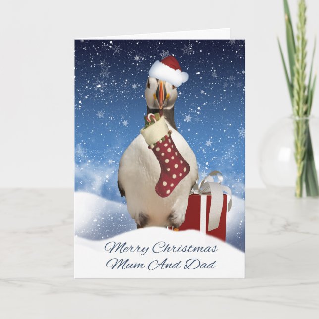 Mom And Dad Christmas Puffin Card With Stocking (Front)