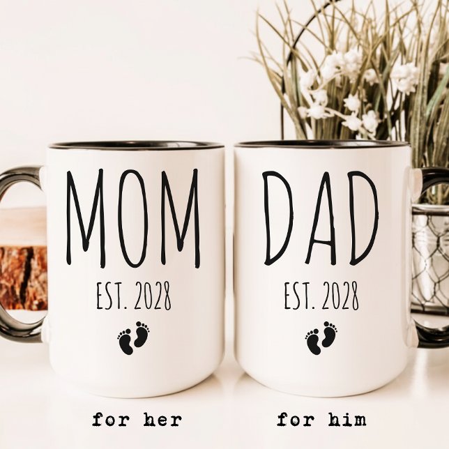 Mom and Dad | Custom Elegant Script Baby Reveal Mug (Personalized Mom Mug New Baby Shower Gift, Personalized Dad Coffee Mug New Baby Announcement Gift)