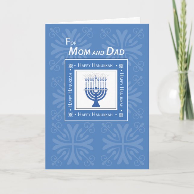 Mom and Dad Hanukkah Wishes Blue Menorah Holiday Card (Front)
